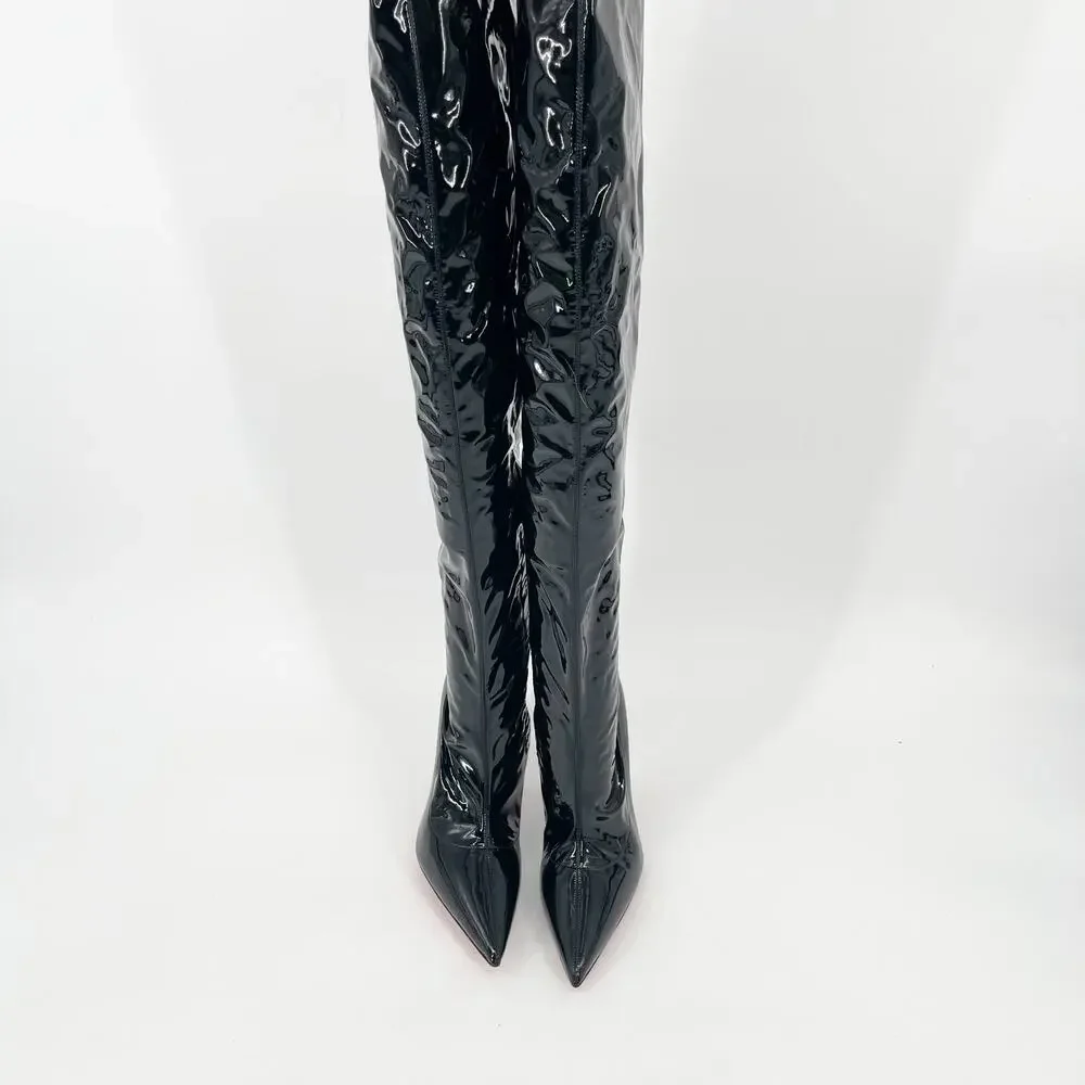 NWOB Christian Louboutin Lipstrass Black Patent Leather Thigh High Boots EU 38.5